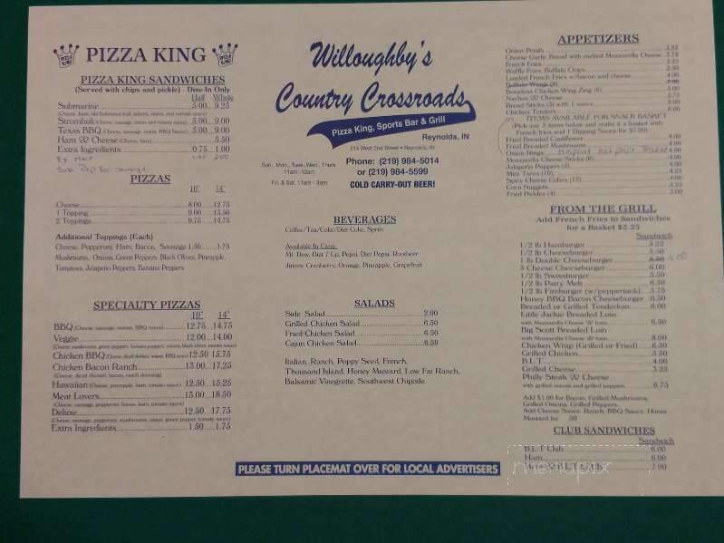 Country Crossroads Bar - Reynolds, IN menu_pic