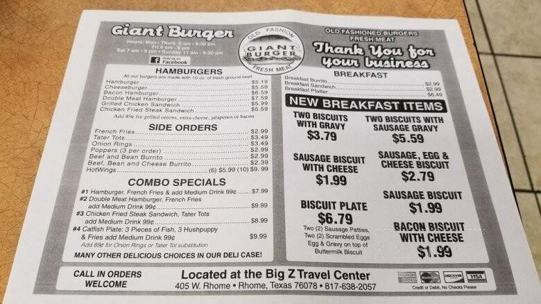 Giant Burger - Rhome, TX menu_pic