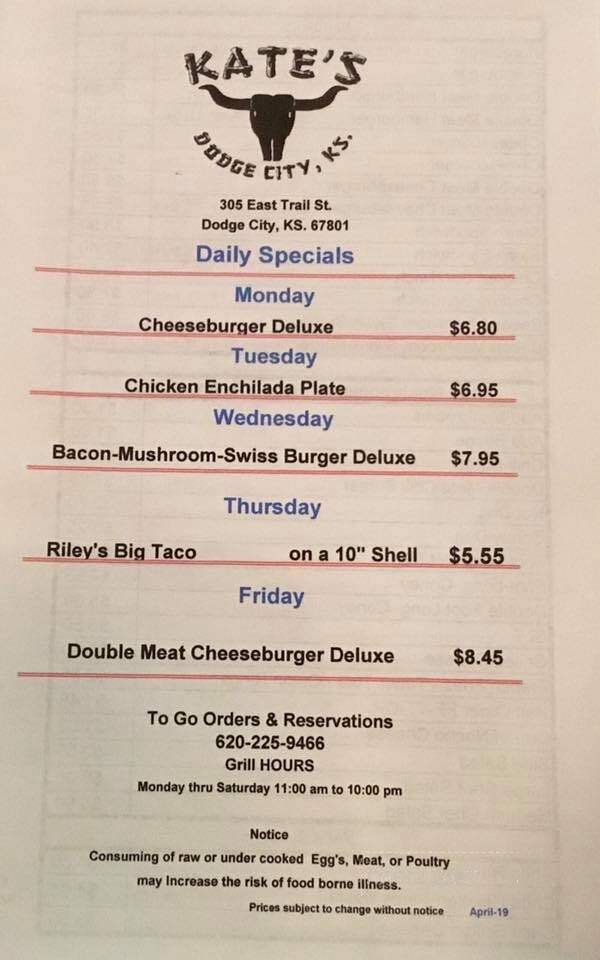 Kate's - Dodge City, KS menu_pic