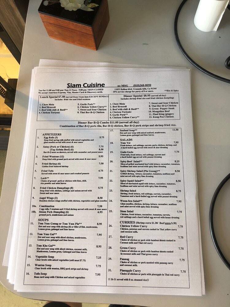 Siam Cuisine - Granada Hills, CA menu_pic