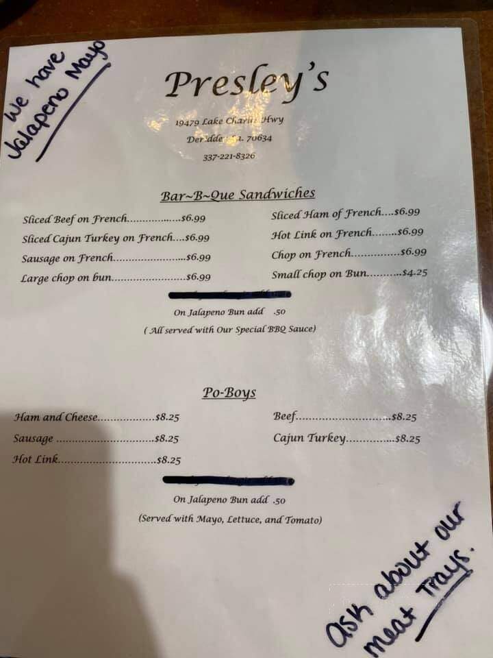 Presley's Barbeque - Deridder, LA menu_pic