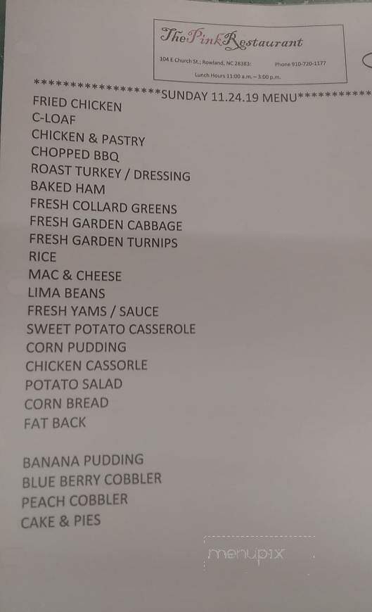 Pink Restaurant - Rowland, NC menu_pic