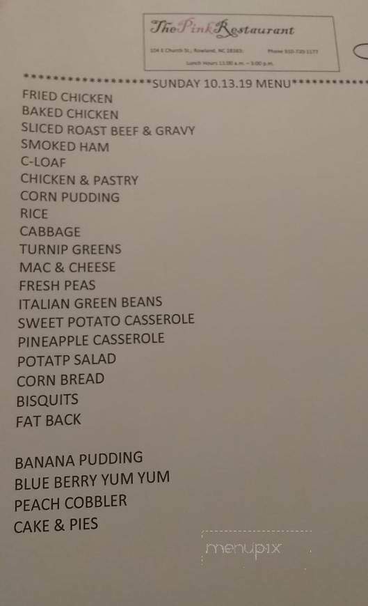 Pink Restaurant - Rowland, NC menu_pic