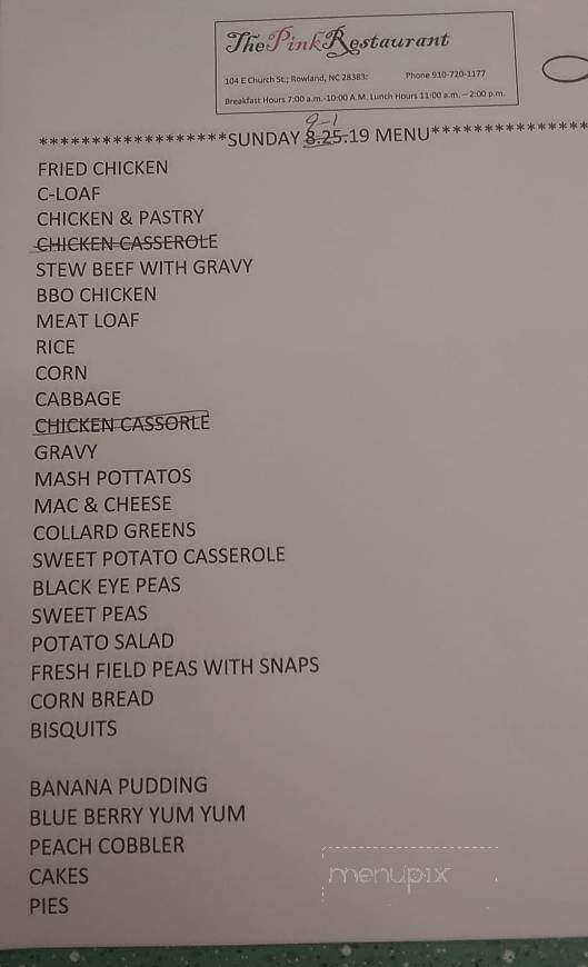 Pink Restaurant - Rowland, NC menu_pic