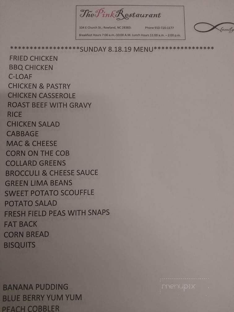 Pink Restaurant - Rowland, NC menu_pic