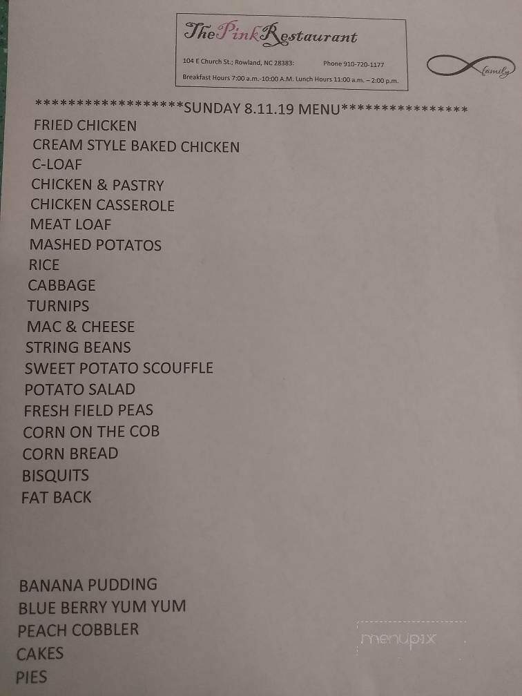 Pink Restaurant - Rowland, NC menu_pic