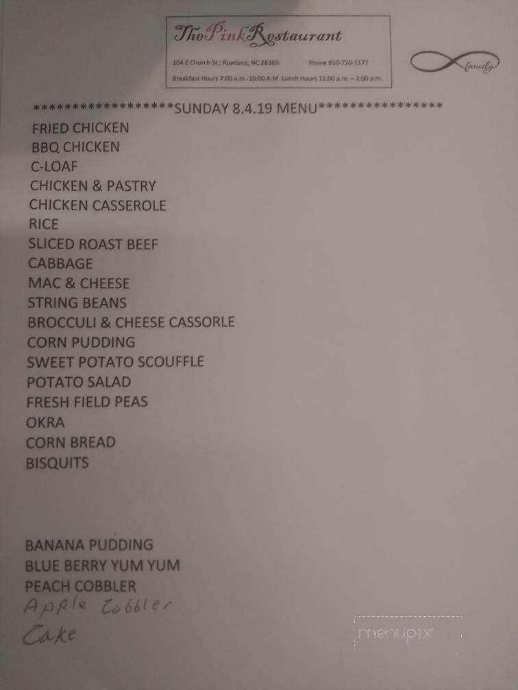 Pink Restaurant - Rowland, NC menu_pic
