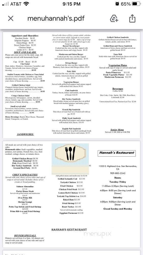 Hannah's Restaurant - San Bernardino, CA menu_pic