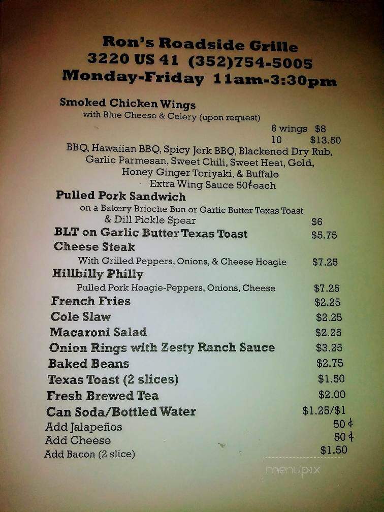 Ron's Roadside Grille - Brooksville, FL menu_pic
