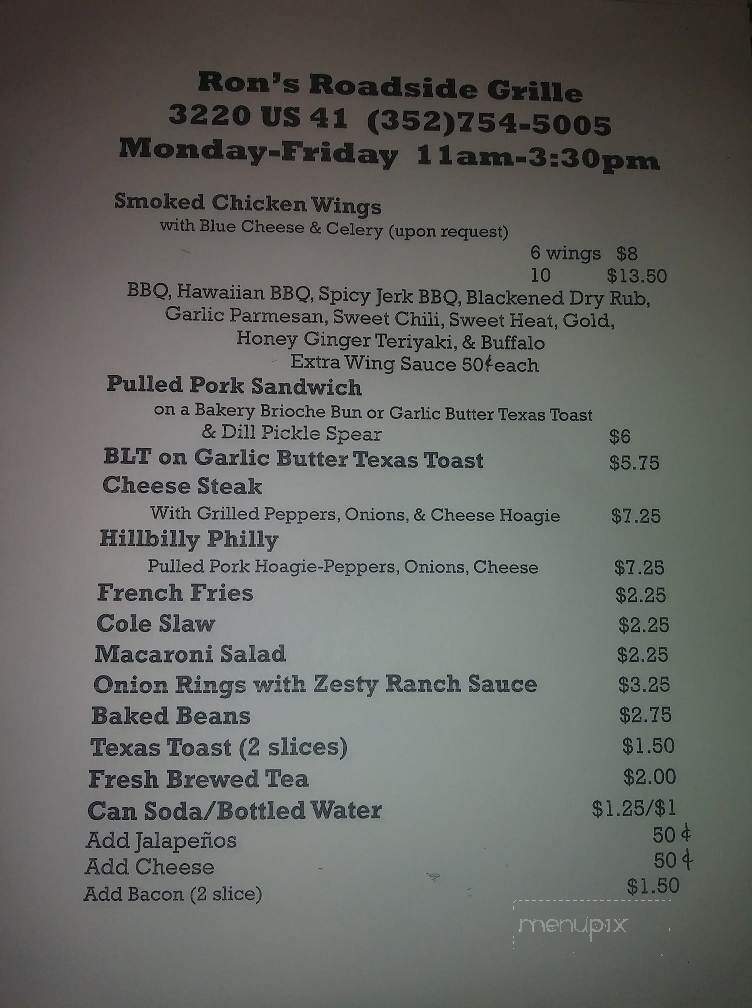 Ron's Roadside Grille - Brooksville, FL menu_pic