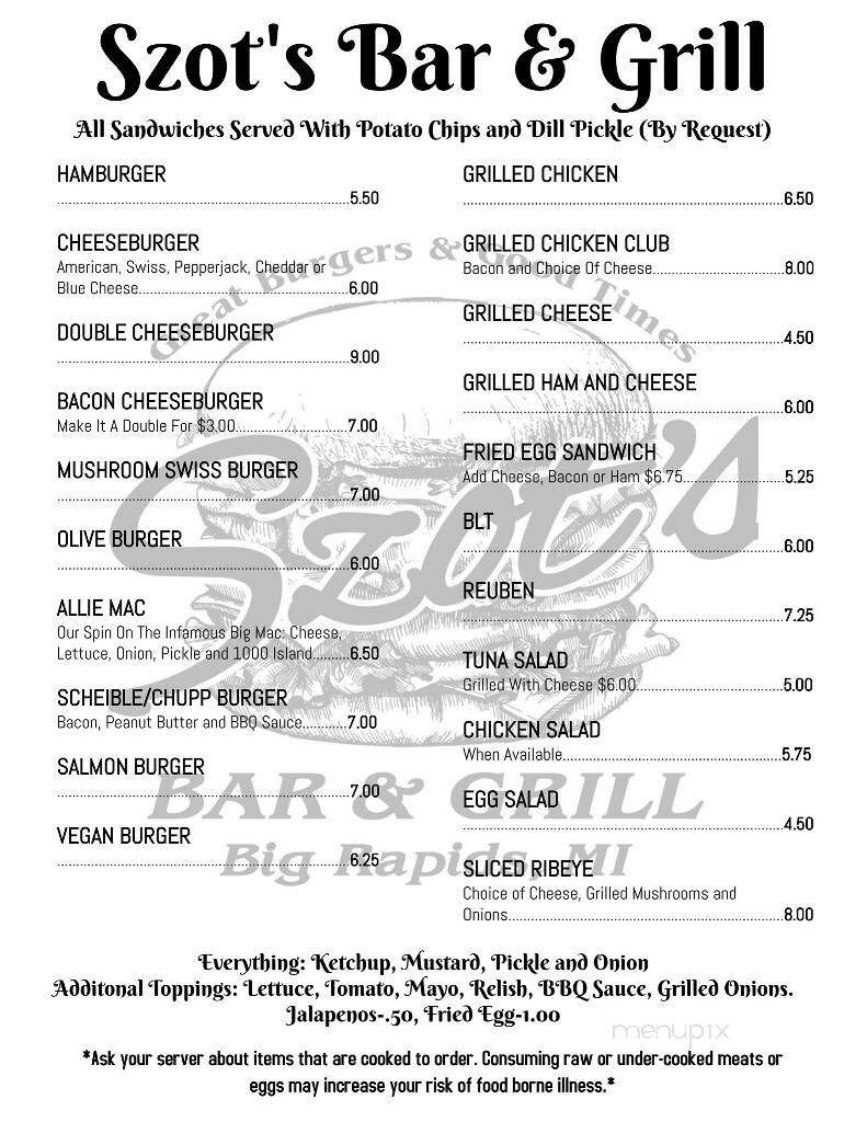 Szots Bar & Grill - Big Rapids, MI menu_pic