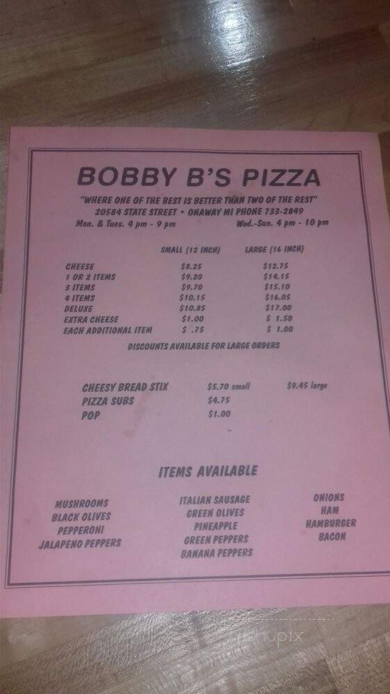 Bobby B's Pizza - Onaway, MI menu_pic