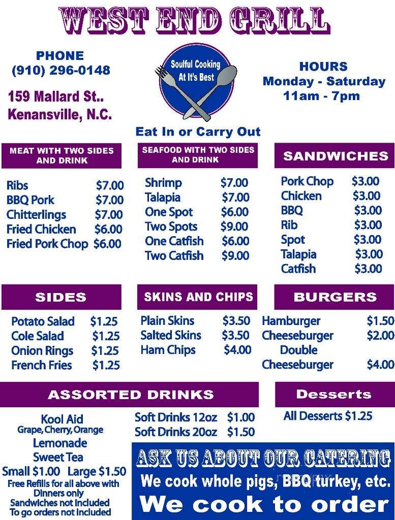 West End Grill - Kenansville, NC menu_pic