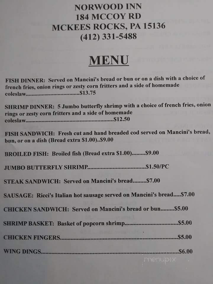 Norwood Inn - McKees Rocks, PA menu_pic