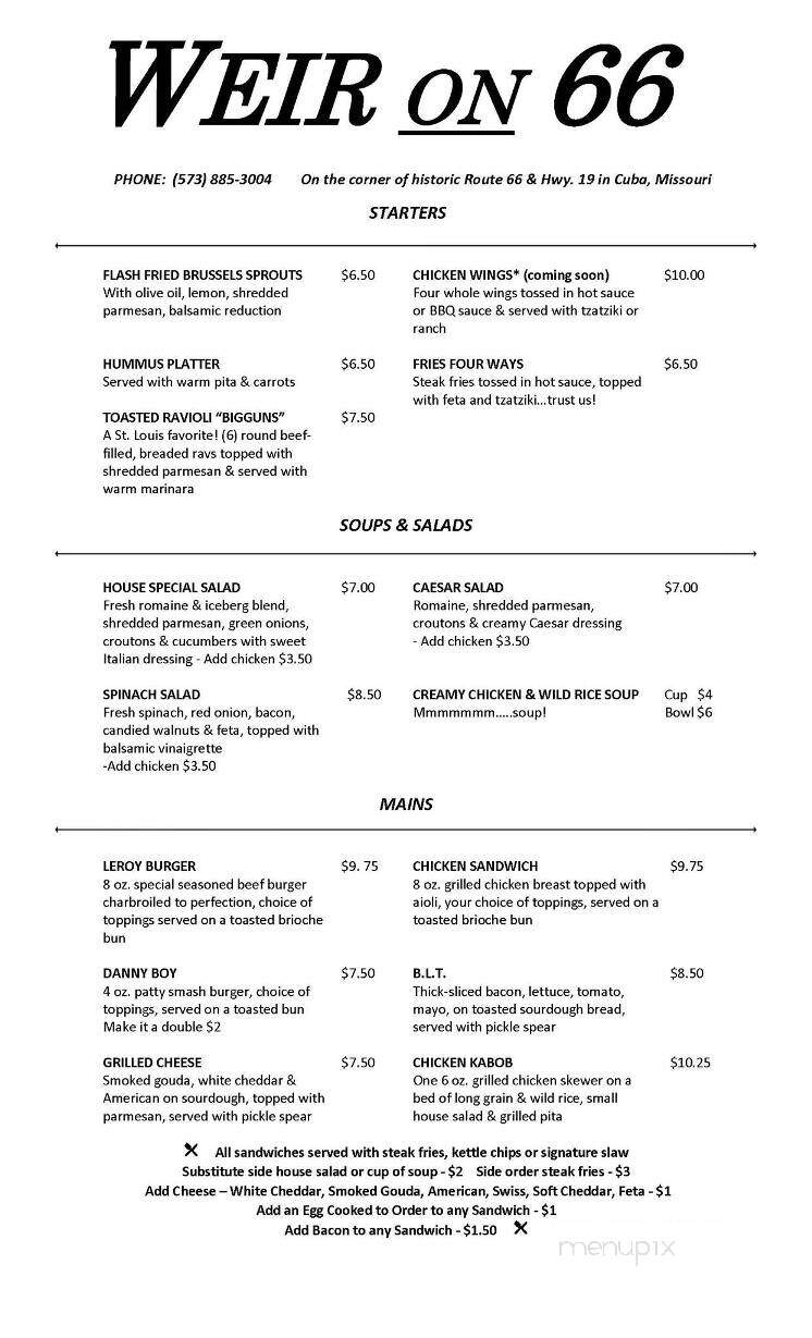Weir On 66 - Cuba, MO menu_pic