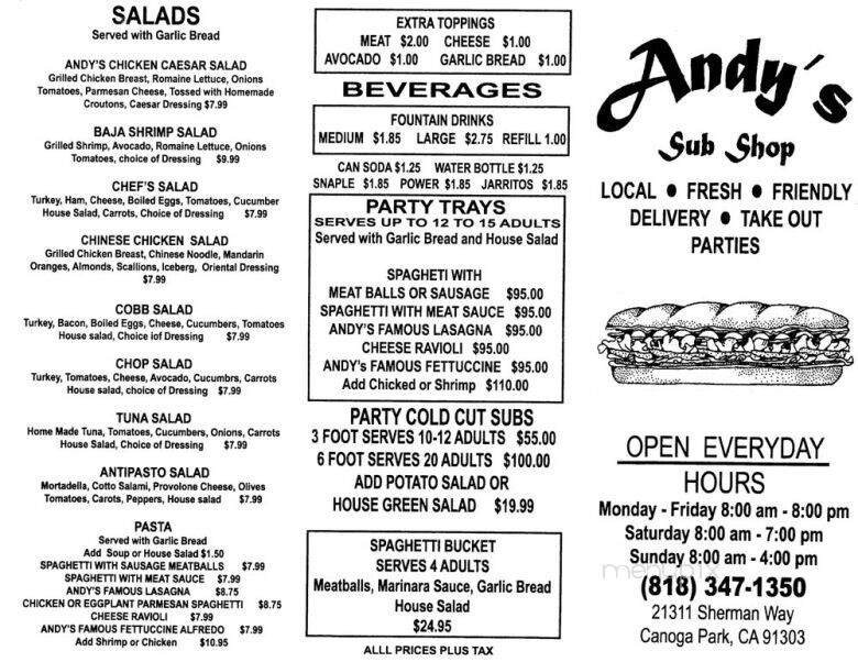 Andy's Submarine Sandwich's - Canoga Park, CA menu_pic