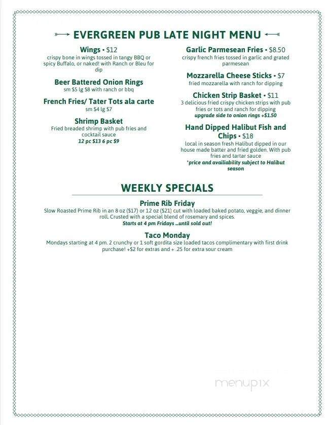 Evergreen Tavern - Rainier, OR menu_pic