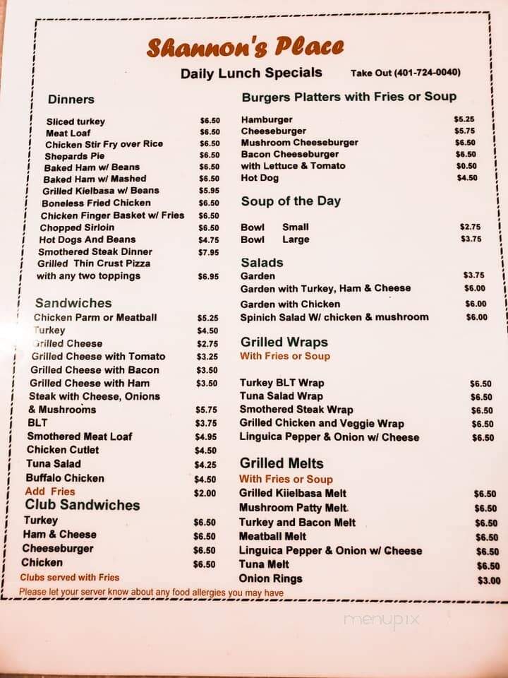 Shannon's Place - Pawtucket, RI menu_pic