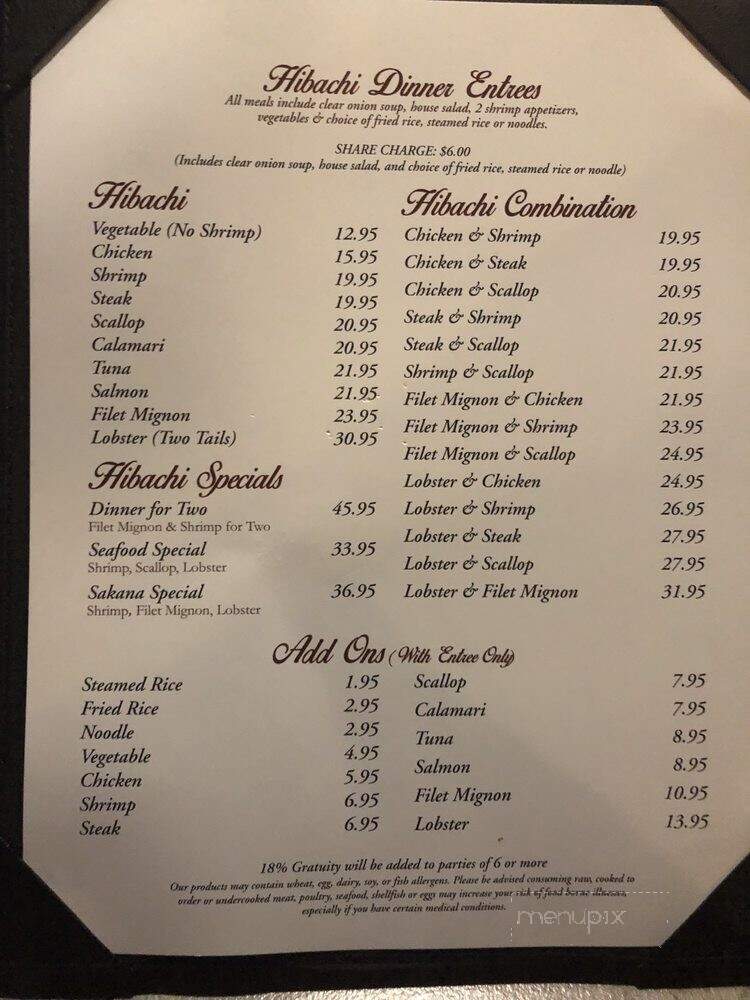 Sakana Japanese Steakhouse & Sushi Bar - Daytona Beach, FL menu_pic