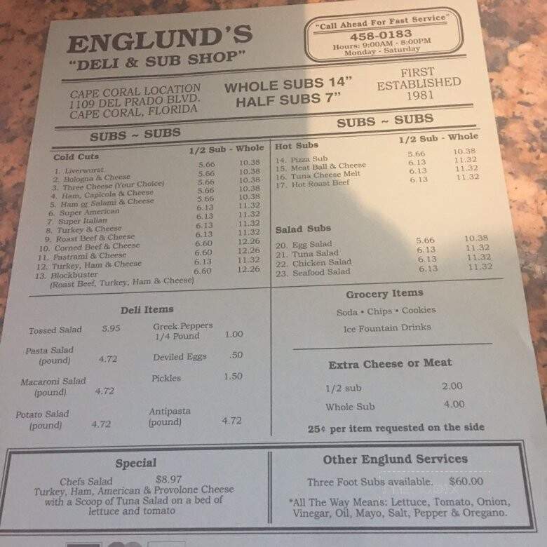 Englunds Deli II - Cape Coral, FL menu_pic