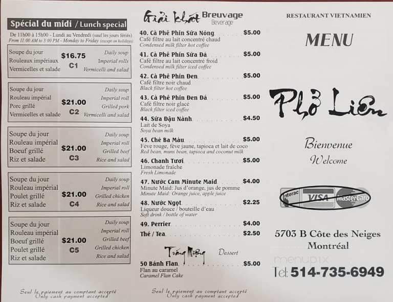 Restaurant Pho Lien - Montreal, QC menu_pic