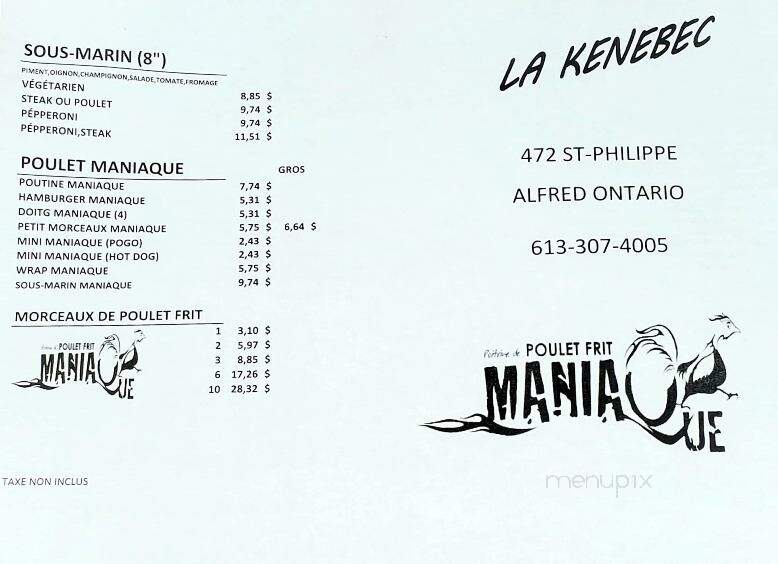 La Kenebec - Alfred, ON menu_pic
