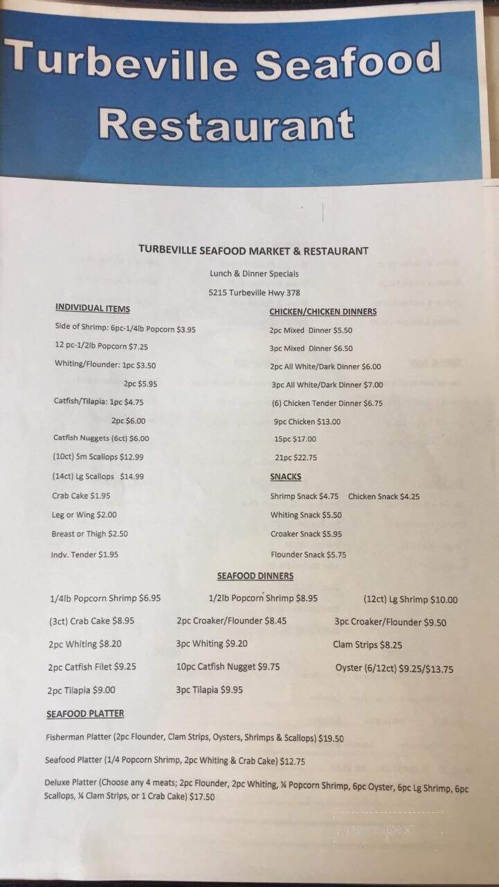 Turbeville Seafood Market And Restaurant - Turbeville, SC menu_pic