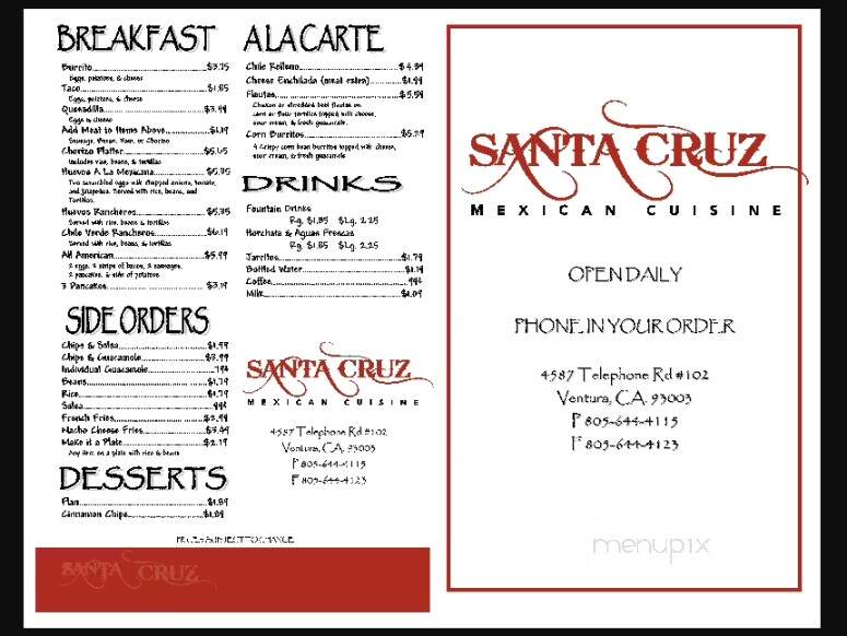Santa Cruz Mexican Cuisine - Ventura, CA menu_pic