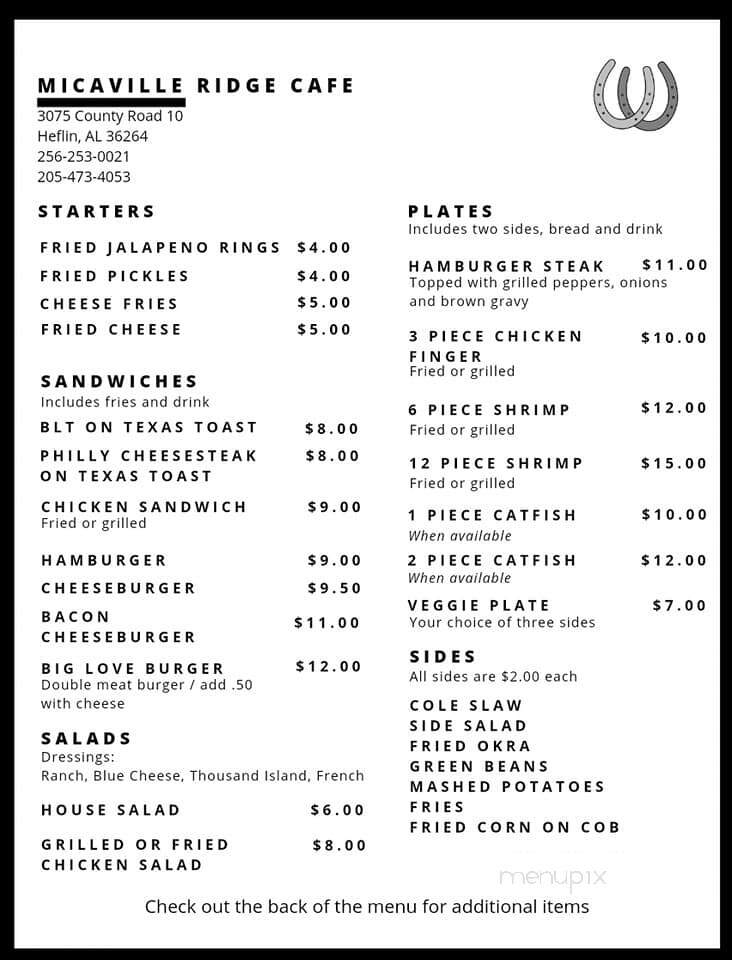 Micaville Restaurant - Heflin, AL menu_pic