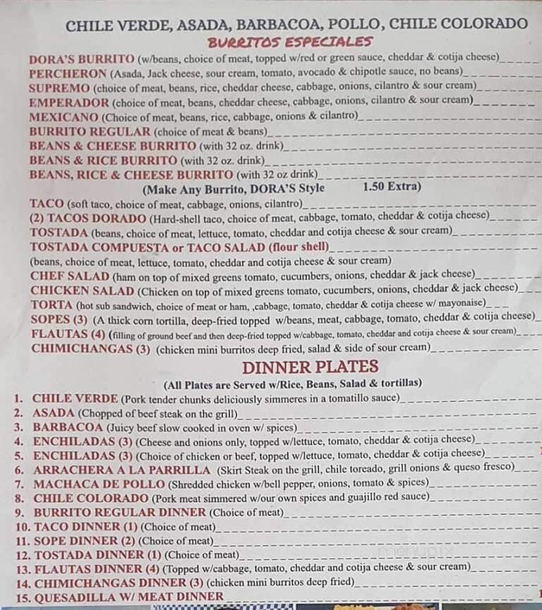 Dora's Restaurant - Woodlake, CA menu_pic