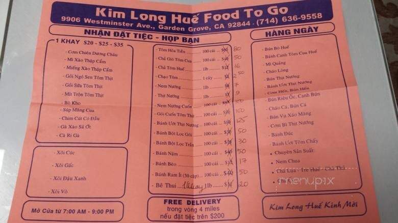 Kim Long Hue Food To Go - Garden Grove, CA menu_pic