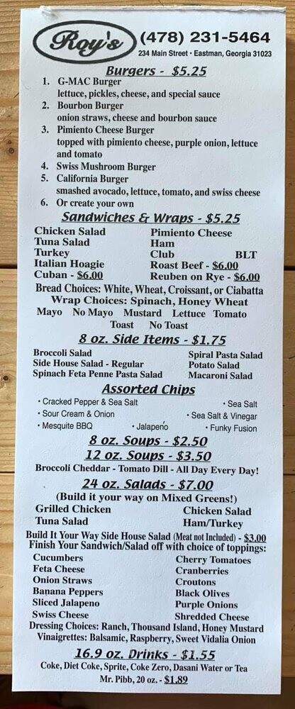 Roy's - Eastman, GA menu_pic