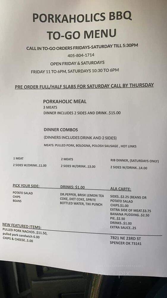 Porkaholics BBQ - Spencer, OK menu_pic
