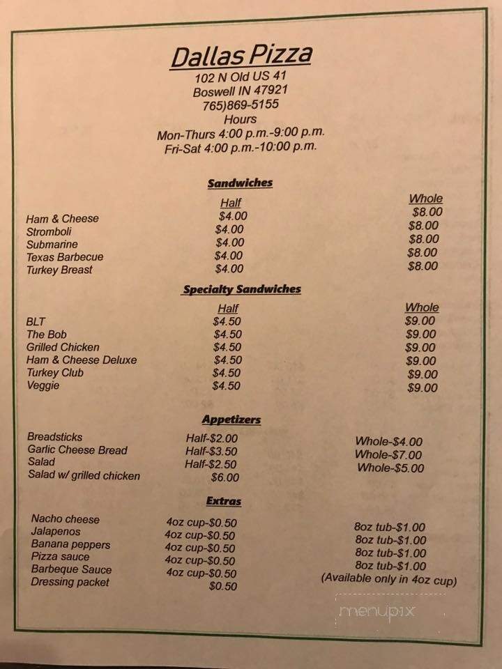 Dallas Pizza - Boswell, IN menu_pic