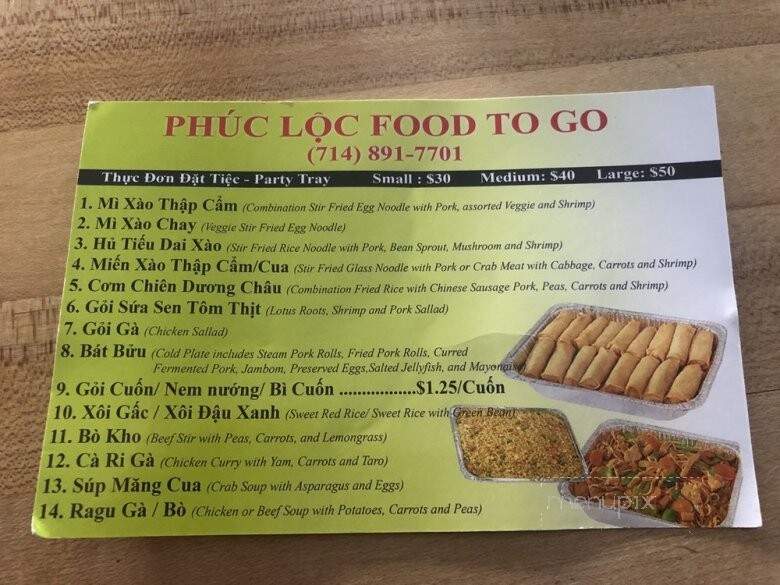 Phuc Loc Food To Go - Westminster, CA menu_pic