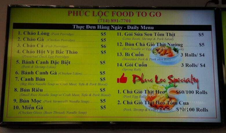 Phuc Loc Food To Go - Westminster, CA menu_pic