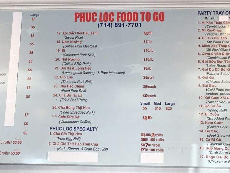 Phuc Loc Food To Go - Westminster, CA menu_pic
