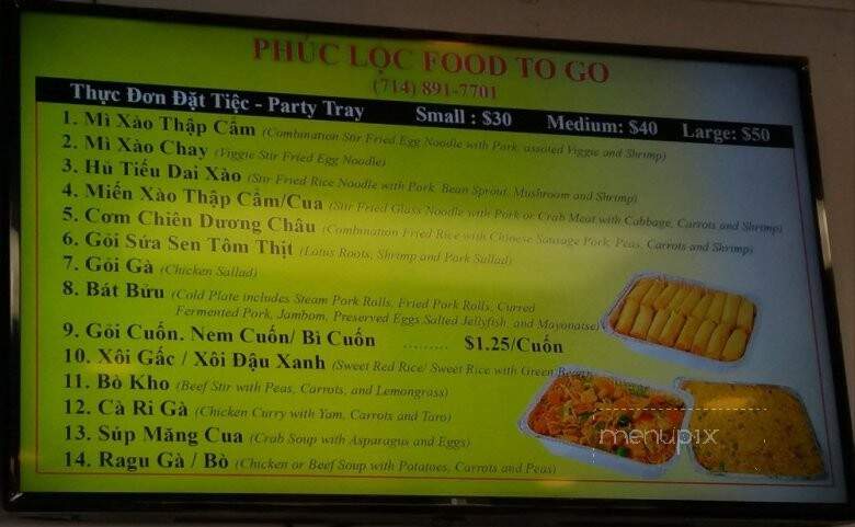 Phuc Loc Food To Go - Westminster, CA menu_pic