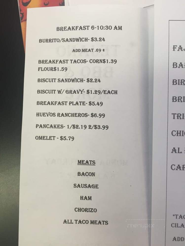 Tejano BBQ & More - Dallas, TX menu_pic