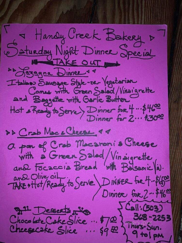 Handy Creek Bakery - Wheeler, OR menu_pic