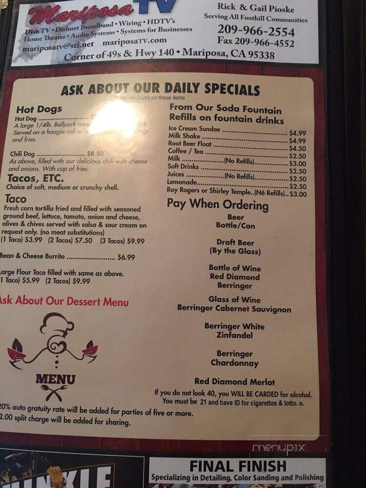 Hitching Post Sports Bar - Ahwahnee, CA menu_pic