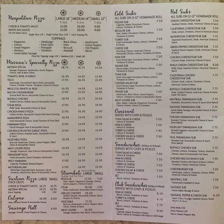Messina Pizza & Restaurant - Schuylkill Haven, PA menu_pic