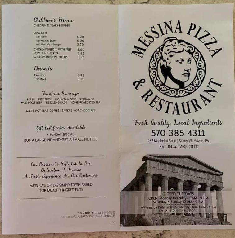 Messina Pizza & Restaurant - Schuylkill Haven, PA menu_pic