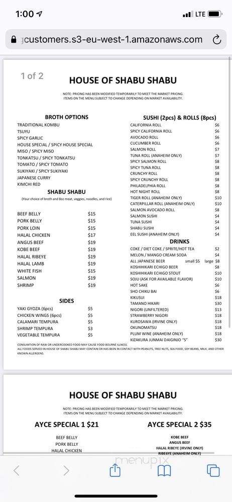 House of Shabu Shabu II - Anaheim, CA menu_pic