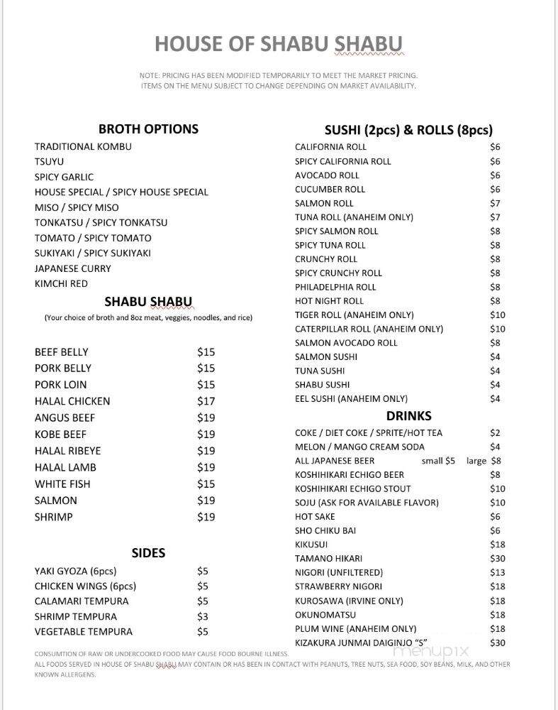 House of Shabu Shabu II - Anaheim, CA menu_pic