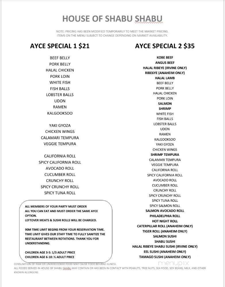 House of Shabu Shabu II - Anaheim, CA menu_pic