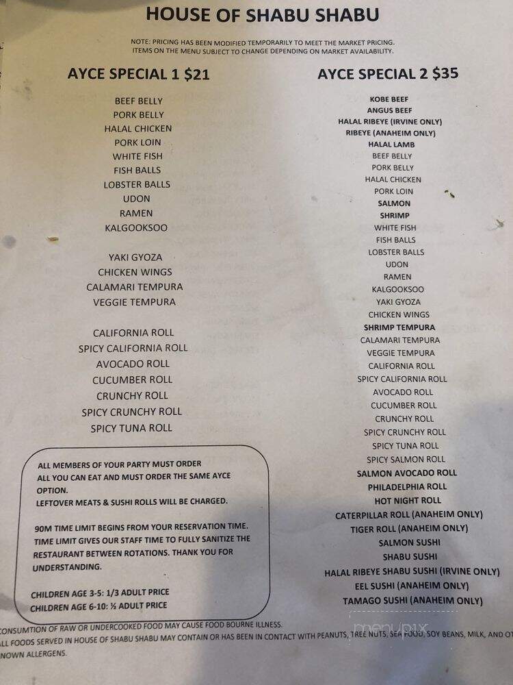 House of Shabu Shabu II - Anaheim, CA menu_pic