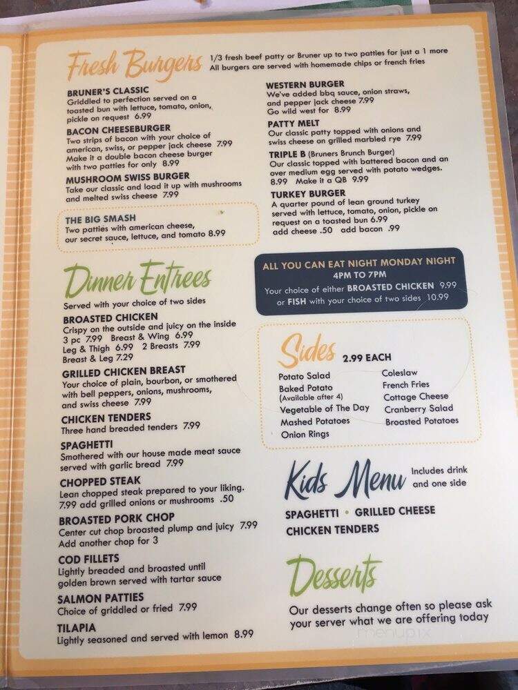 Bruner's Family Restaurant - Muncie, IN menu_pic