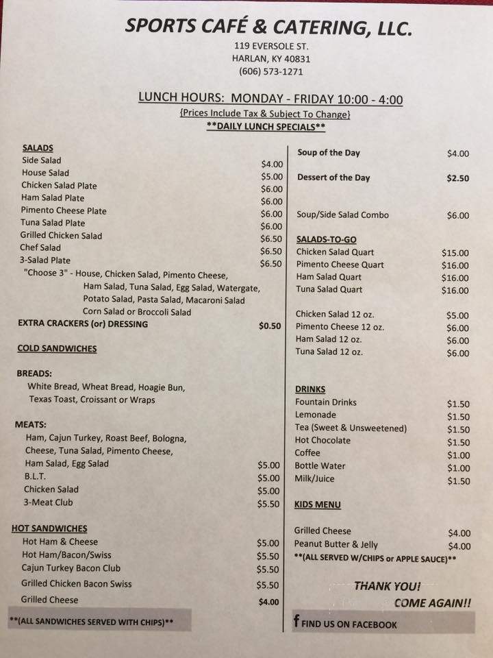 Sports Cafe & Catering - Harlan, KY menu_pic