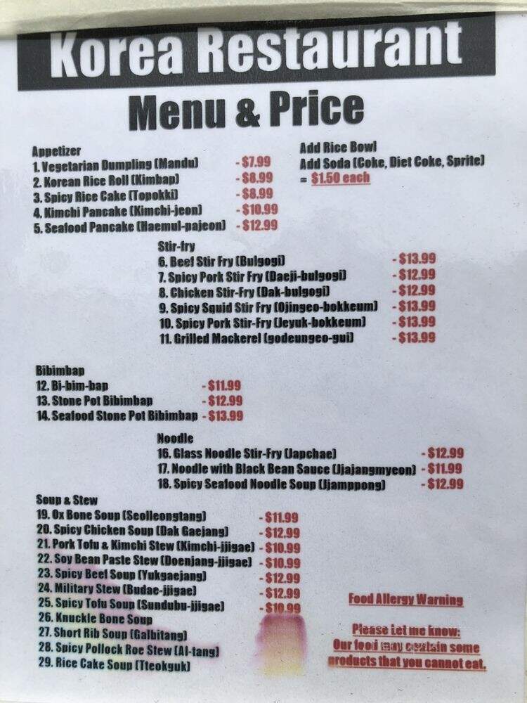 Korea Restaurant - Minneapolis, MN menu_pic
